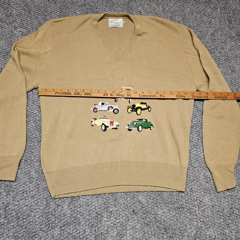 London Fog Mens V Neck Sweater Tan Embroidered‎ Vintage Cars Automobile Size M